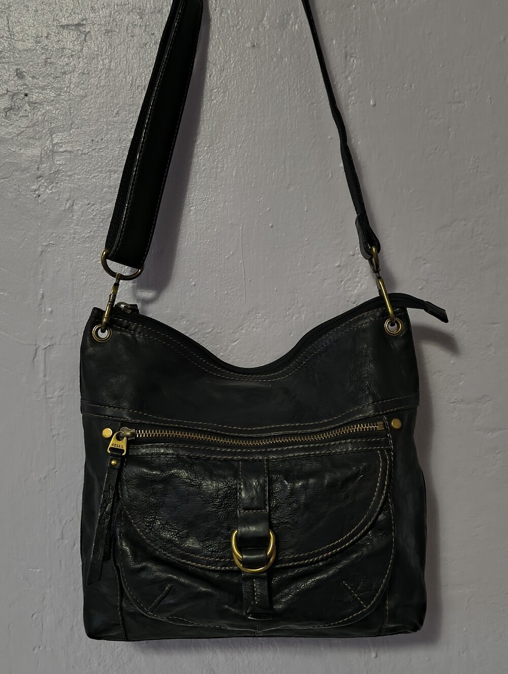 FOSSIL Long Live Vintage 1954 Black Leather Crossbody Bag Flap Pocket Brass